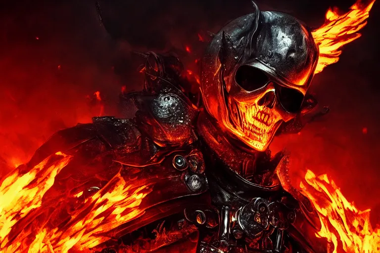 Prompt: Ghost Rider covered in flames, headshot photo, dark souls concept art, dramatic lighting, highly stylized, high-quality wallpaper, desktopography