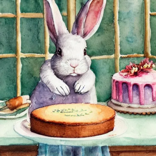 Prompt: a rabbit putting a cake into the oven in a beautiful french rustic kitchen, realistic watercolour