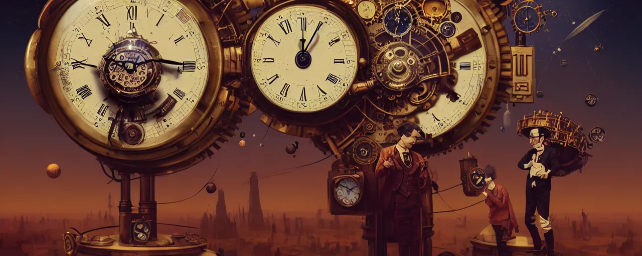 Prompt: duotone steampunk illustration 3 / 4 portrait of albert einstein measuring time on vintage steampunk clock in outer space. golden ratio accidental renaissance. by sachin teng and sergey kolesov and ruan jia and heng z. graffiti art, scifi, fantasy, hyper detailed. octane render. concept art. trending on artstation