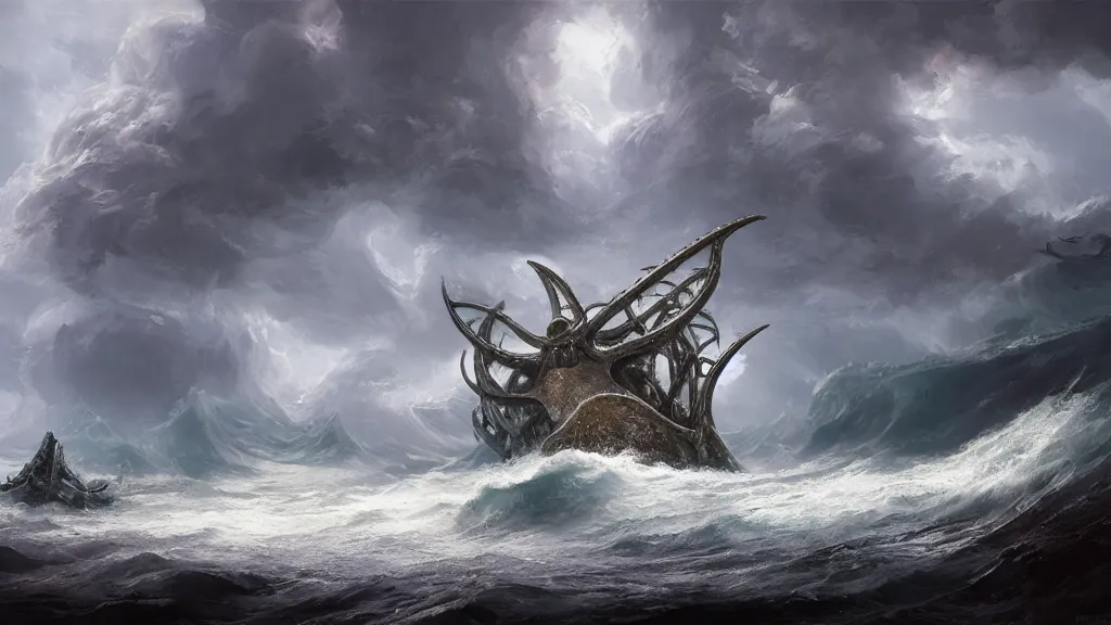 Prompt: a fantasy book landscape with massive big giant kraken near a small boat in a stormy sea, giant waves, lightning in the background, soft digital painting, highly detailed, artstation, sharp focus, illustration, concept art, ruan jia, oil painting, 4 k