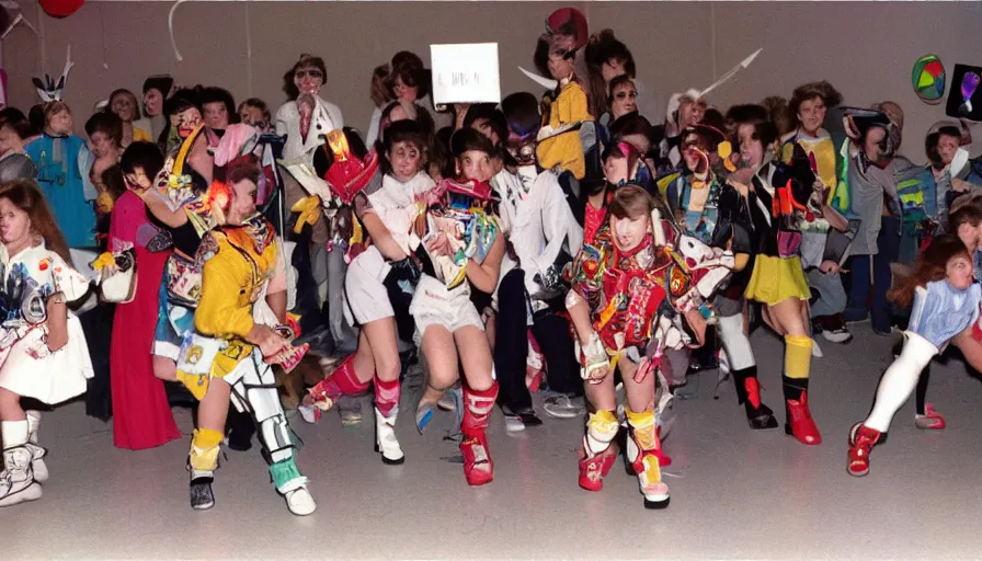 Image similar to 1990s candid photo of a middle school home coming dance with robot warrior rabbits, cinematic, UHD