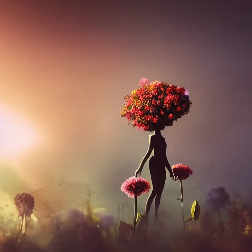 Image similar to A picture of a planet of various flowers, fungus and plants, in which the human figure is dressed in something magical and impressive, inside the picture is infinity, sunset light, Atmospheric phenomenon, artistic photography, muted colors, conceptual