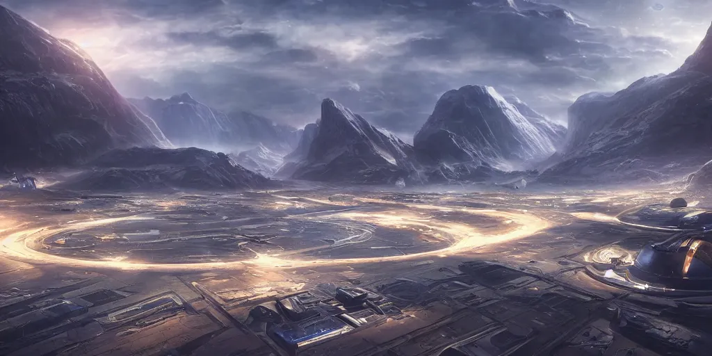 Prompt: a beautiful view of a spaceport at the fjord, matte painting, cinematic lighting, hyper - detailed, 4 k, scifi