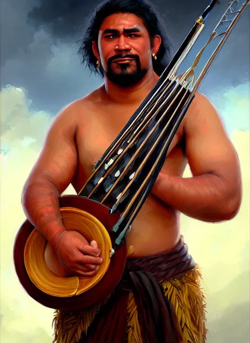 Image similar to a _ fantasy _ style _ portrait _ painting _ of samoan male charismatic bard playing instrument, rpg dnd oil _ painting _ unreal _ 5 _ daz. _ rpg _ portrait _ extremely _ detailed _ artgerm _ greg _ rutkowski _ greg