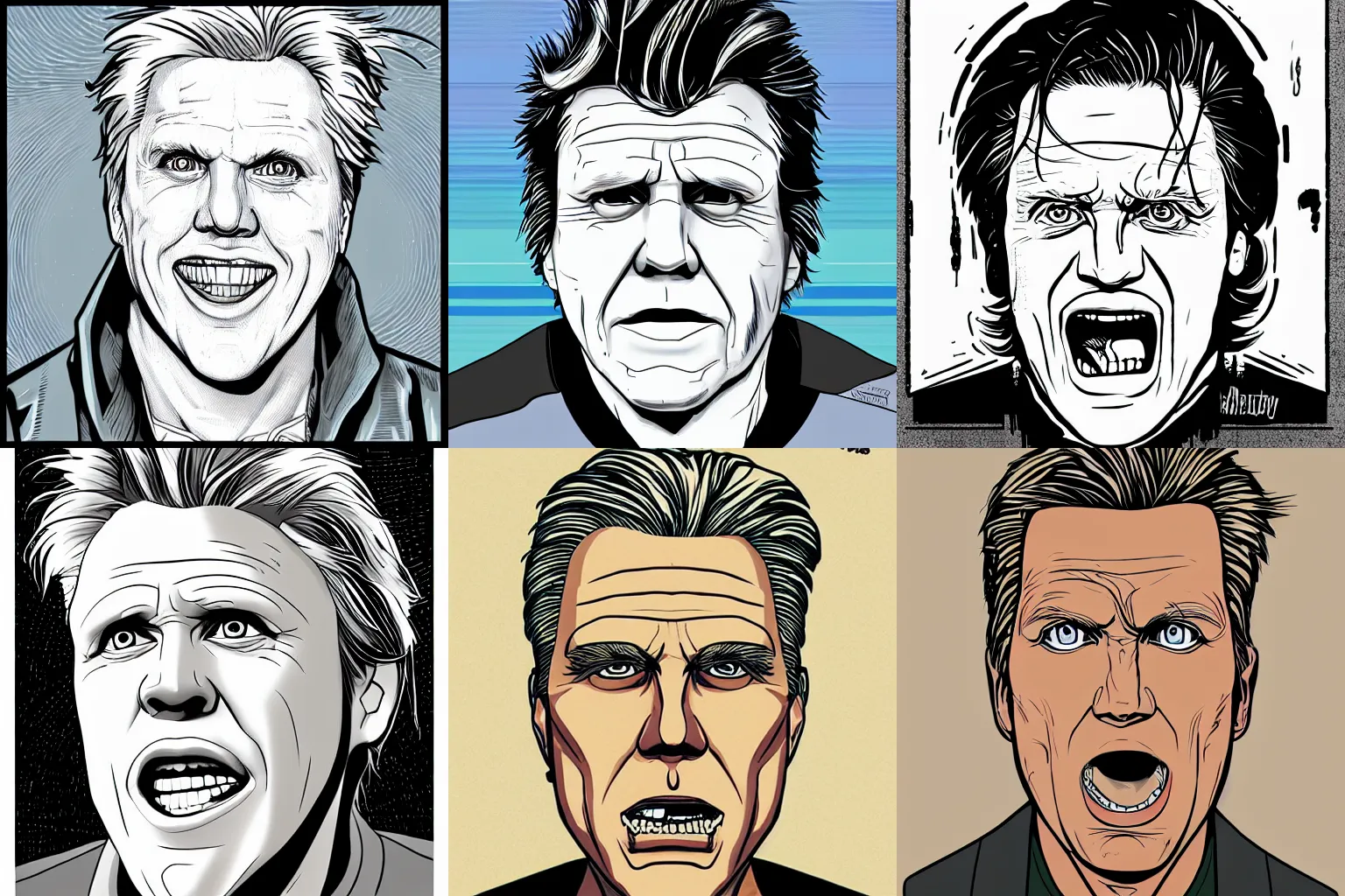 Prompt: centered cell shaded! head portrait of gary busey llustration, art by laurie greasley