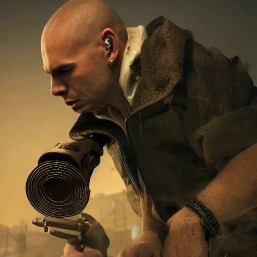 Prompt: pitbull the rapper in a post apocalyptic wasteland holding a microphone, by cedric peyravernay, highly detailed, excellent composition, photorealistic, cinematic concept art, dramatic lighting, trending on artstation