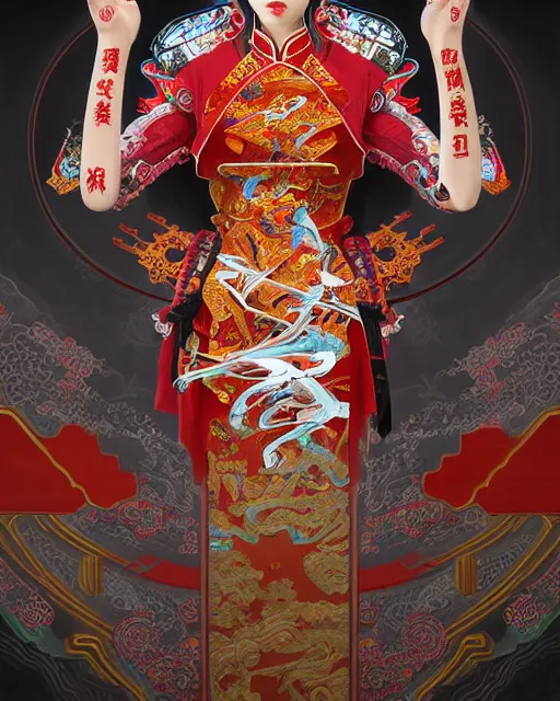 Image similar to portrait of a chinese cyberpunk machine, machine face, arms, upper half portrait, decorated with chinese opera motifs, regal, asian, fine china, wuxia, traditional chinese art intricate intense elegant 京 剧 highly detailed digital painting artstation concept art smooth sharp focus illustration, art by artgerm and greg rutkowski alphonse mucha 8 k