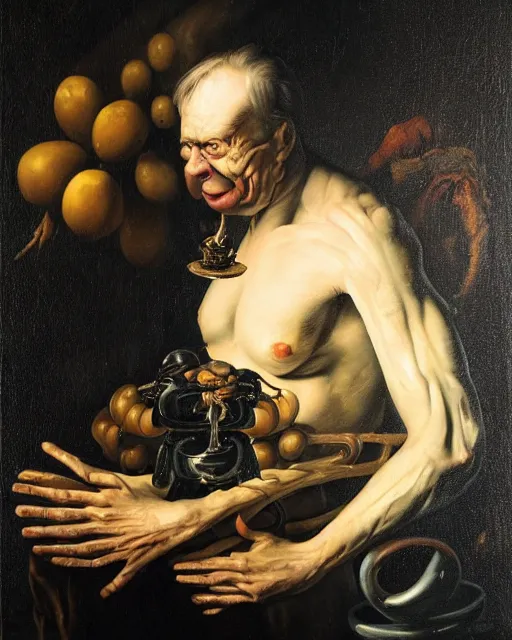 Image similar to refined gorgeous blended oil painting with black background by christian rex van minnen rachel ruysch dali todd schorr of a chiaroscuro portrait of an extremely bizarre disturbing man with shiny skin chrome surfaces dutch golden age vanitas intense chiaroscuro cast shadows obscuring features dramatic lighting perfect composition masterpiece