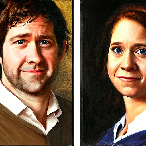 Image similar to portrait painting of jim halpert and pam beesly, in the style of caravaggio