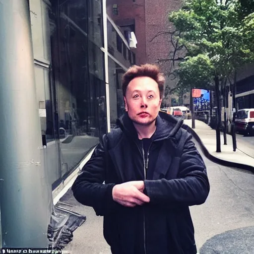 Prompt: elon musk as a homeless man using crack in the middle of the manhattan sidewalks, low quality, camera flash is so bright, viral, selfie, viral on twitter, viral on instagram, viral photo