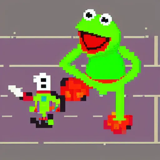 Prompt: artstation, pixel art, kermit the frog fighting a clown on the sidewalk, a clown is beat up on the floor by big kermit