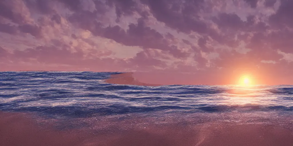 Image similar to a photo of a beach at sunset, turbulent sea, high coherence, highly detailed, high quality, 8K, path tracing, breathtaking landscape, cinematic lighting, concept art, octane render, unreal engine 5, trending on Artstation, soft light, godrays, complementary colors, natural lighting, sand