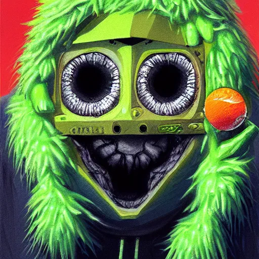 Prompt: a tennis ball monster , orange hoodie, cherub wings, balaclava, digital art, fantasy, magic, trending on artstation, ultra detailed, professional illustration by Basil Gogos