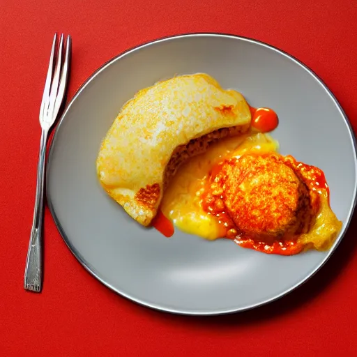 Prompt: a minimalist eating omurice on a embossed silver plate, color restoration, clear focus, golden hour