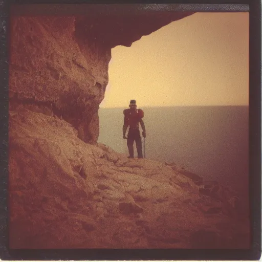 Prompt: found footage polaroid of a missing cave explorer with a foreboding sense of dread. expired film