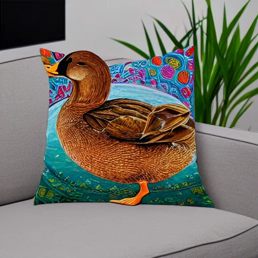 Prompt: digital oil painting of a duck sleeping on a pillow, surrounded by a heaps of delicious food, intricate, rich, ornate, detailed texture work, soft lighting, rich colors
