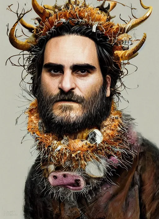 Image similar to a hyper detailed portrait of joaquin phoenix with a crown made of animals, cow horns, pig nose, sheep wool, chicken feather armor, horror, by anna podedworna, by miklos ligeti, by diego maricato, by taran fiddler, by antonino truisi, by chris reddie, by jinsung lim, trending on artstation