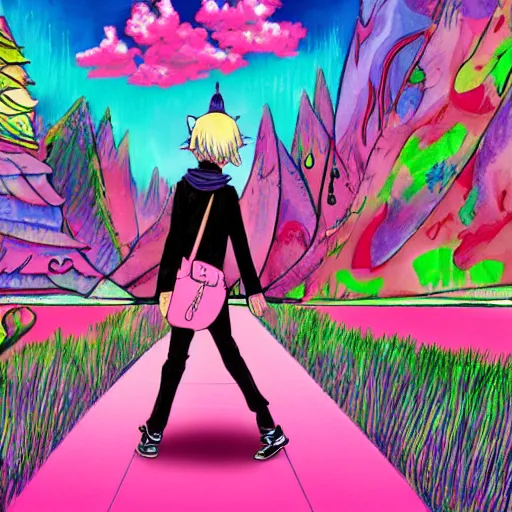 Image similar to a pink skinny anime boy wearing a small satchel and a pink witches hat walking through a psychedelic landscape