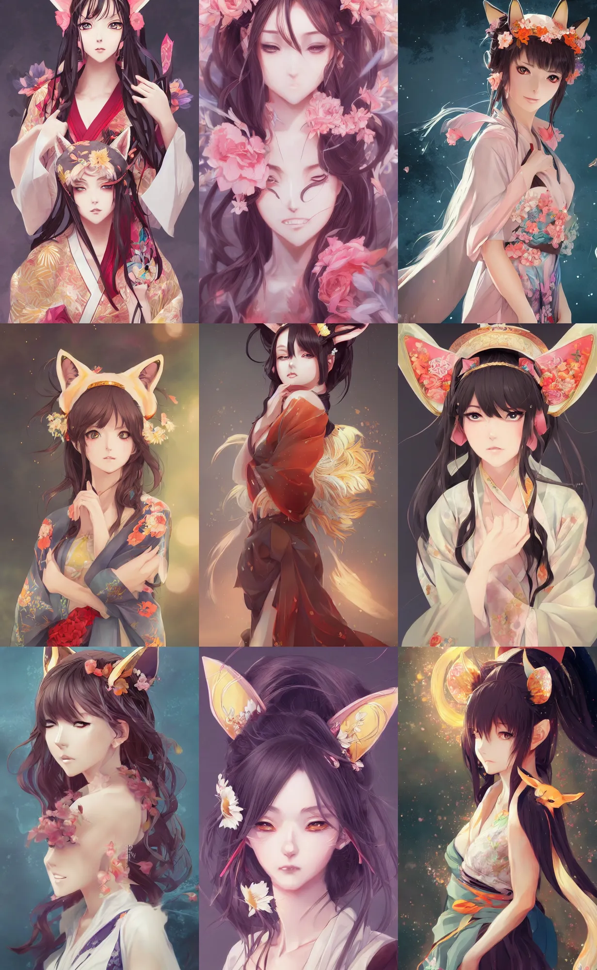 Image similar to A beautiful anime-style digital concept portrait of a beautiful lady with fox ears wearing a kimono, by Stanley Artgerm Lau, WLOP, Rossdraws, LeraPi, and Sakimichan, trending on ArtStation, deviantart, SFW version