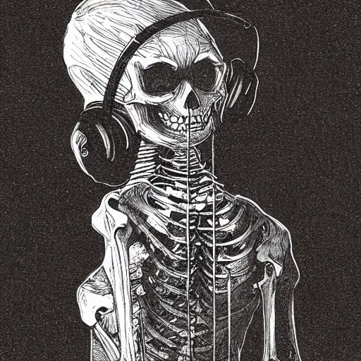 Image similar to skeleton wearing headphones, watching girl playing guitar while her black cat standing next to her, detailed intricate ink illustration, dark atmosphere, detailed illustration, hd, 4k, digital art, overdetailed art, by greg rutkowski, by loish, complementing colors, Trending on artstation