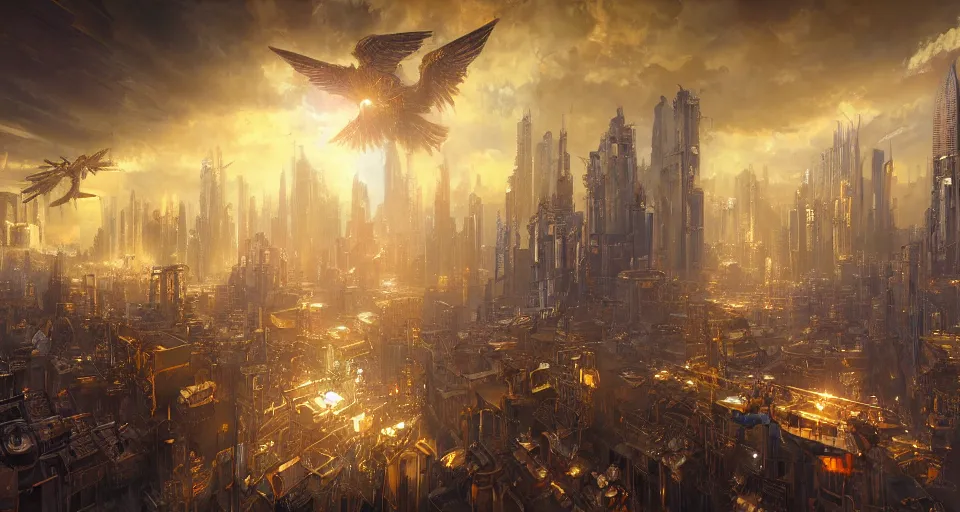 Prompt: golden prism biblically-accurate seraphim flying over a cyberpunk metropolis by Justin Gerard, Stephan Martiniere, and Quentin Mabille, detailed, dusk, intricate shading, volumetric lighting, artstation, 4k