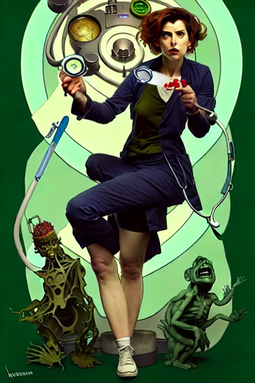 Image similar to doctor who, woman, as a mad dentist, on a plain green background, art by artgerm and greg rutkowski and alphonse mucha