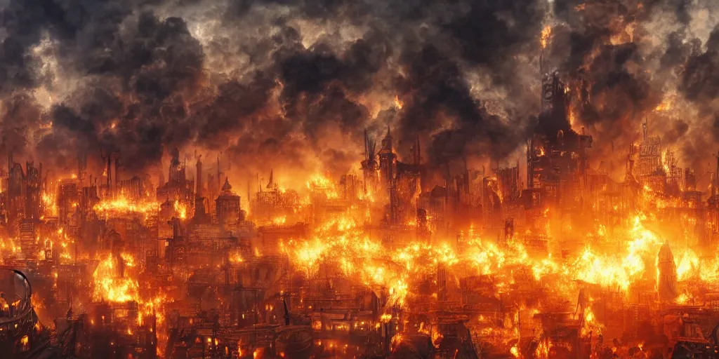 Prompt: steampunk city skyline engulfed in flames, huge explosions everywhere, clouds of smoke, aerial view, cinematic wide shot, very detailed, realistic painting