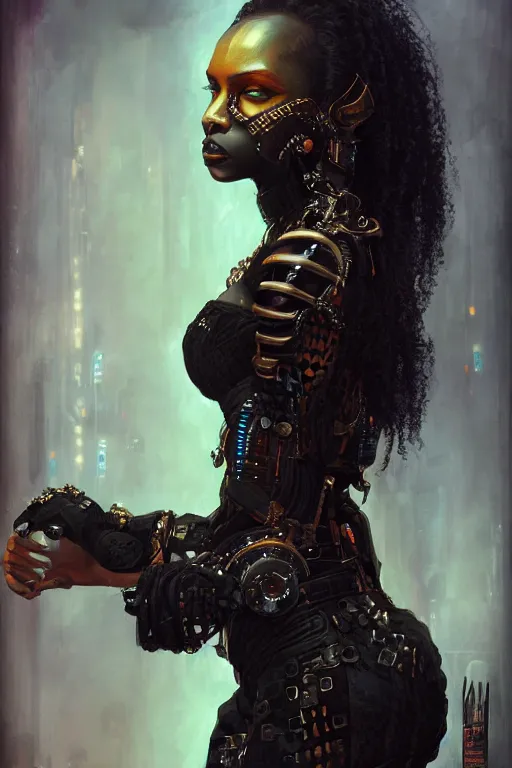 Prompt: portrait of a beautiful young gothic Black woman, cyberpunk, Warhammer, highly detailed, artstation, illustration, art by Gustav Klimt