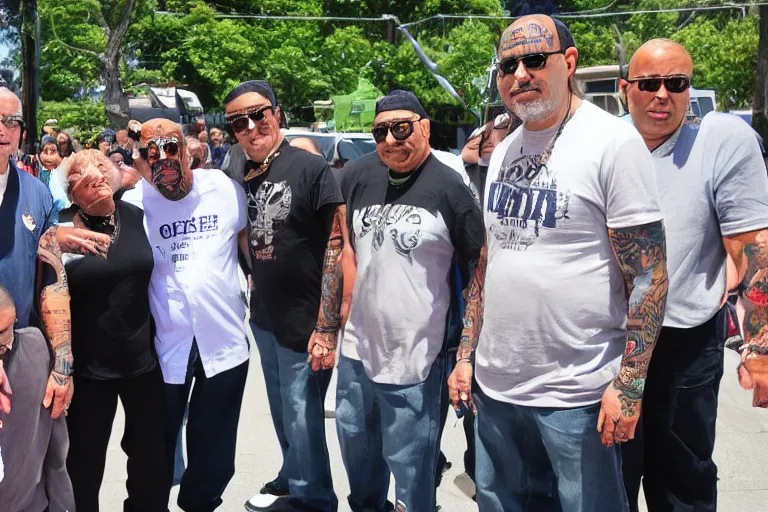 Image similar to biden, tatoos, latino, thug life, high quality, standing in front of lowrider