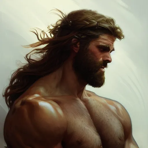 Image similar to portrait of a young rugged male barbarian, handsome, upper body, D&D, muscular, fantasy, intricate, elegant, highly detailed, digital painting, artstation, concept art, smooth, sharp focus, illustration, art by artgerm and greg rutkowski and alphonse mucha