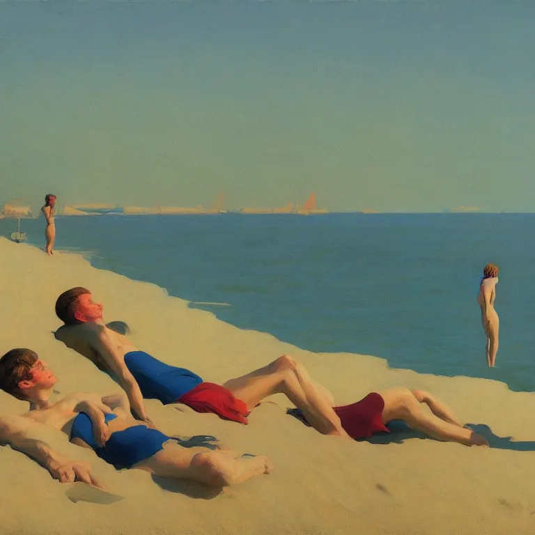 Prompt: sunbathing at the beach, Edward Hopper and James Gilleard, Zdzislaw Beksinski, Steven Outram highly detailed