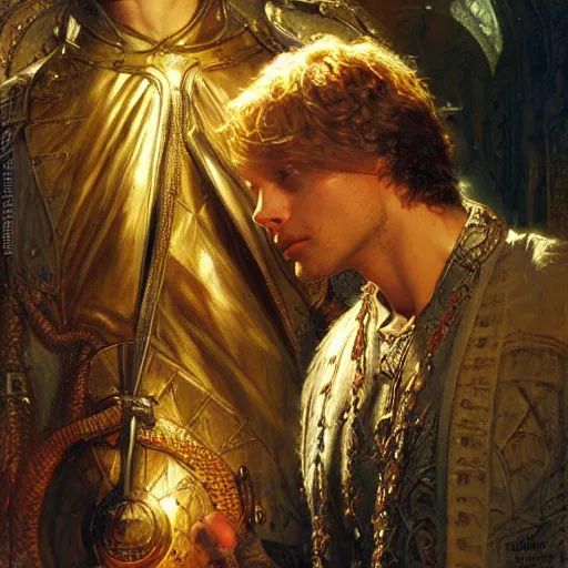 Image similar to stunning arthur pendragon in love with stunning male merlin the mage. they are close to each other. highly detailed painting by gaston bussiere, craig mullins, j. c. leyendecker