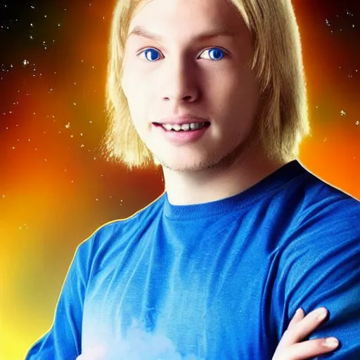 Image similar to Spirited away, guy with dark blonde hair and blue eyes in space, profile picture