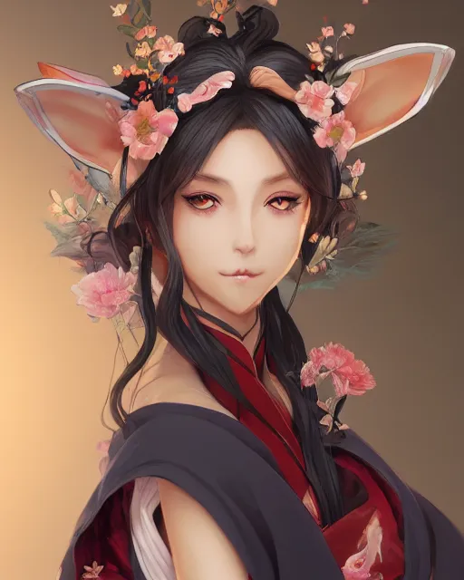 Image similar to A beautiful anime digital painting of a woman with fox ears and nine tails wearing a kimono, by Stanley Artgerm Lau, WLOP, Rossdraws, James Jean, Andrei Riabovitchev, Marc Simonetti, and Sakimichan, trending on artstation