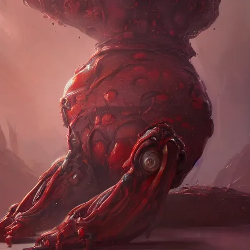 Prompt: scifi art by Greg Rutkowski, hideous monster made of twisted human flesh and reddish ooze, lumpy bloated upper body with elongated, thin limbs like a mantis, small head like a ball with two empty holes for eyes, only human beings are its legs, vicious appearance, scifi, space horror, digital painting, artstation, concept art, smooth, sharp foccus ilustration, Artstation HQ.