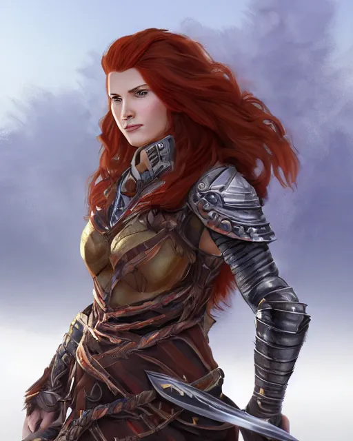 Image similar to a fierce warrior princess, with long auburn hair and functional armor, and a long sword, by steve argyle, trending on cgsociety, artstation, deviantart, digital illustration, concept art, character art