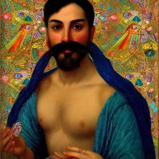 Prompt: beautiful iranian persian man with mustache, kaleidoscope, victor nizovtsev, botticelli, bouguereau