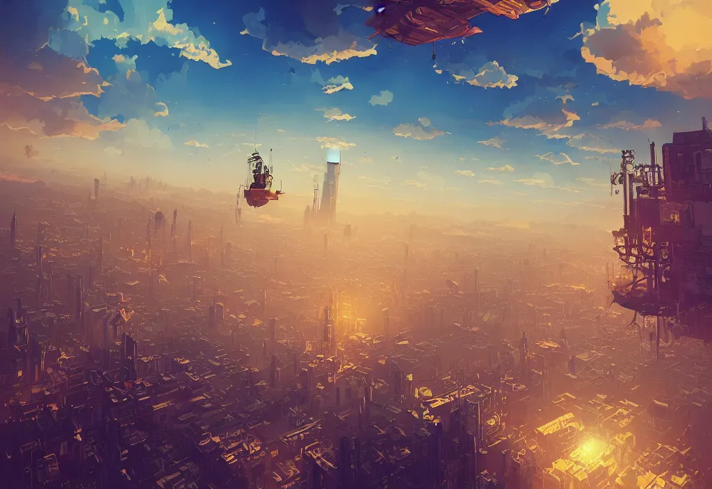 Prompt: flying steampunk city in the clouds with ceppelins by alena aenami, digital art, 4k, trending on artstation, highly detailed, golden hour