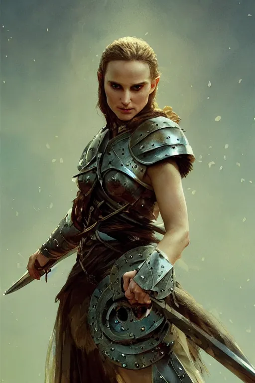 Image similar to natalie portman, legendary warrior, heroic, lord of the rings, tattoos, decorative ornaments, battle armor, by carl spitzweg, ismail inceoglu, vdragan bibin, hans thoma, greg rutkowski, alexandros pyromallis, perfect face, fine details, realistic shading photorealism