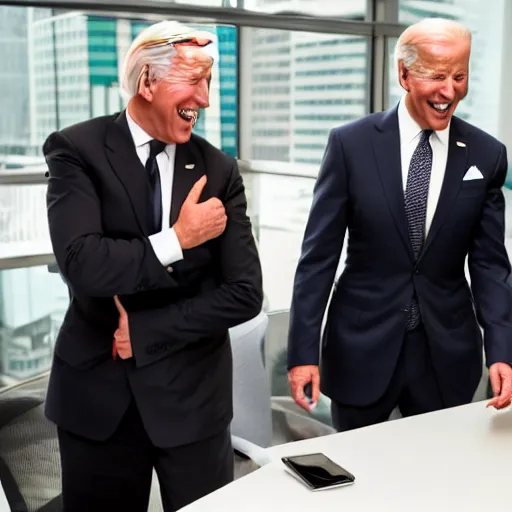 Image similar to stock photo of kim kardashian, and joe biden wearing suits and ties laughing in an office building, 8k resolution, full HD, cinematic lighting, award winning, anatomically correct