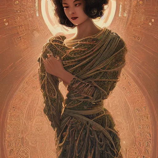 Image similar to intricate, amazing, retro vintage and romanticism, painting by natelle quek, soft color palette, highly detailed, godess from space sci - fi of ancient religion