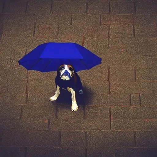 Image similar to dog underneath an umbrella in the rain, view from above stylised