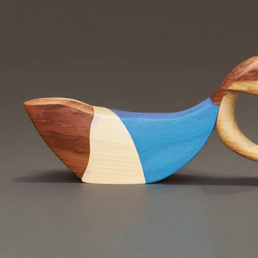 Image similar to a zoomed out studio product shot of a rounded carving of a simplified and smooth hippopotamus made from cherry wood and blue resin, in profile, a catalog photograph