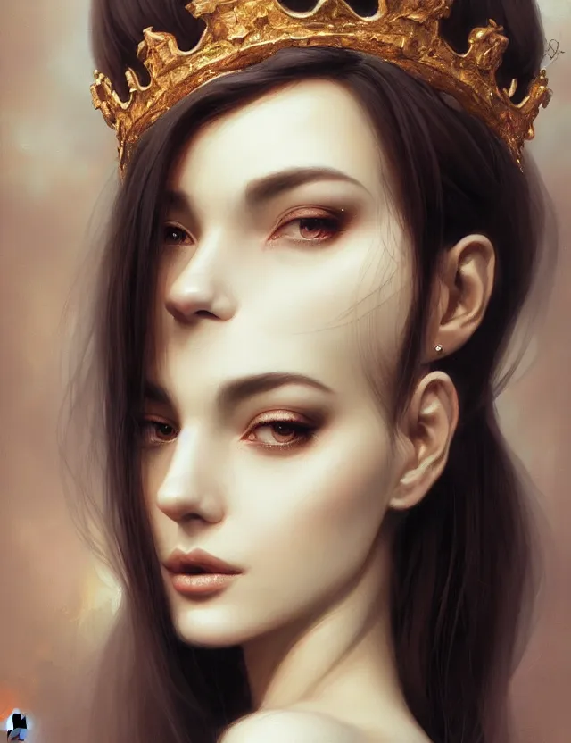 Image similar to blurred background. close-up portrait of a goddess in crown, by Artgerm and Afarin Sajedi and greg rutkowski