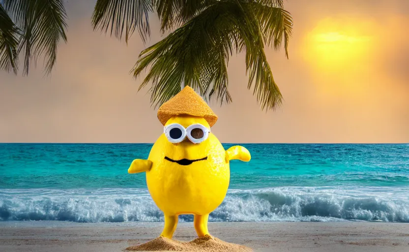 Image similar to 5 0 mm photograph, of a real anthropomorphic lemon character, unique style, with lemon skin texture, it is wearing a hat and scuba diving, building a sandcastle on the beach at sunset, beach, huge waves, sun, clouds, tropical trees, rim light, cinematic photography, professional, sand, sandcastle, volumetric lightening