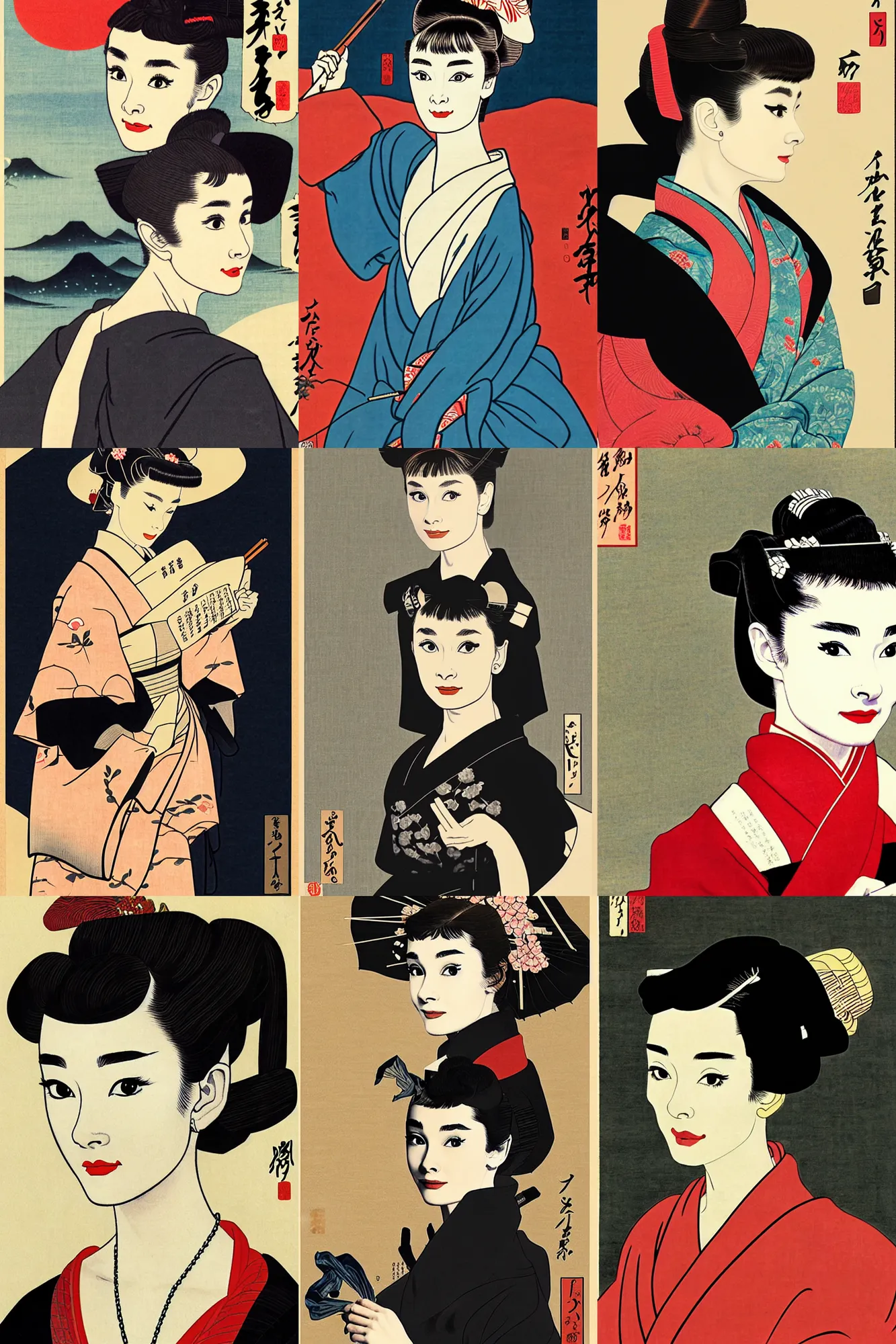 Prompt: audrey hepburn as orian in ukiyo - e art, ultra detailed, 4 k, photo real