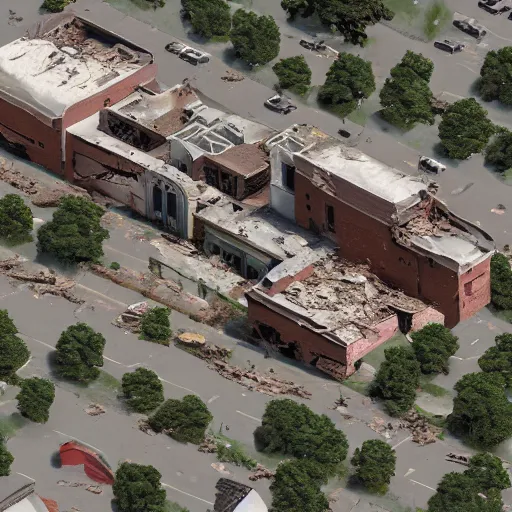 Prompt: top down aerial view of dilapidated high school with office buildings in the streets in real life, desolate with zombies, dilapidated, zombies in the streets, nightmarish, some rusted style parked vehicles, sunny weather, few clouds, volumetric lighting, photorealistic, daytime, autumn, sharp focus, ultra detailed, cgsociety