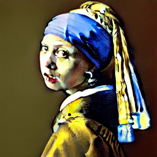 Prompt: oil in canvas of a cat with a pearl earring by johannes vermeer, masterpiece
