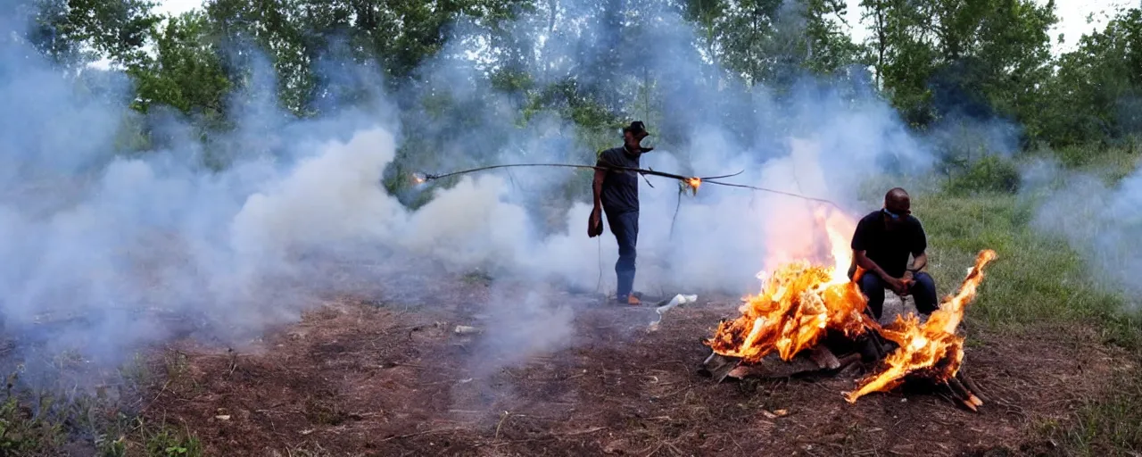 Prompt: genocide of mosquitoes by a man with firetorch, threatening, doom, apocalytic, sinister