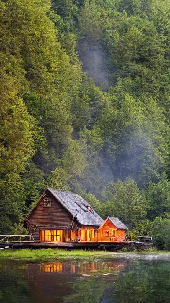 Image similar to small wooden cottage in the forest at night, smoke coming out of the chimney, nocturnal, redwood trees, peaceful, river running past the cottage, a wooden rowing boat, galaxy in the night sky, by stephen king